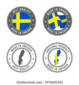 Made in Sweden - set of labels, stamps, badges, with the Sweden map and flag. Best quality. Original product. Vector illustration