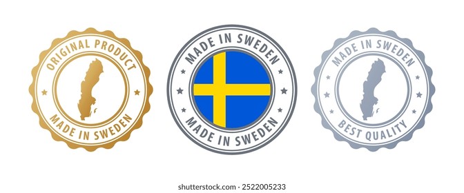 Made in Sweden - set of stamps with map and flag. Best quality. Original product. Vector illustration