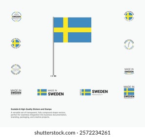 Made in Sweden Stamps, Flag, Tags, labels, Seals, Icons. Creative Designs for Branding and Packaging