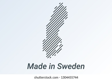 Made in Sweden, striped map in a black strip on a silver background. vector illustration