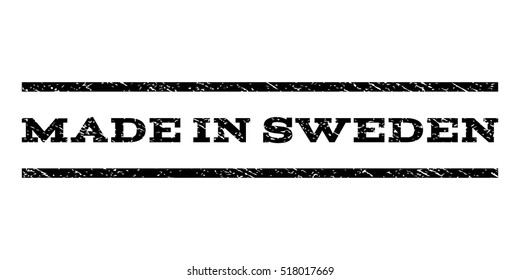 Made In Sweden watermark stamp. Text tag between horizontal parallel lines with grunge design style. Rubber seal stamp with scratched texture. Vector black color ink imprint on a white background.