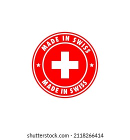 Made in swiss round label icon. stamp, sign, sticker, badge, symbol, emblem, logo print with switzerland flag. Vector illustration EPS 10.