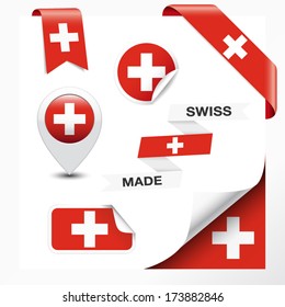 Made in Switzerland collection of ribbon, label, stickers, pointer, badge, icon and page curl with Swiss flag symbol on design element.