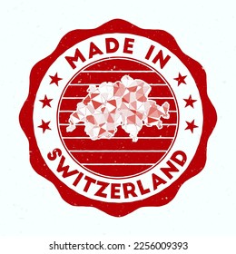 Made In Switzerland. Country round stamp. Seal of Switzerland with border shape. Vintage badge with circular text and stars. Vector illustration. - Shutterstock ID 2256009393