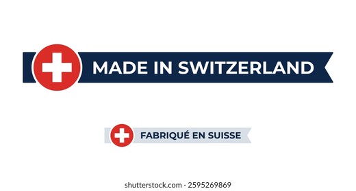 Made in Switzerland label with Switzerland flag colors. High-quality certification badge for Switzerland products, branding, and manufacturing authenticity
