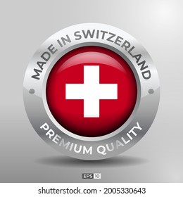 Hergestellt in der Schweiz Label, Logo, Stamp Round Flag of Nation mit 3D Silver Glossy Effect