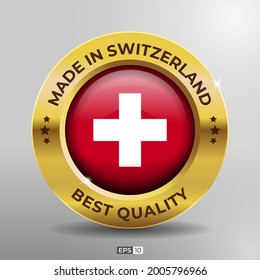 Hergestellt in der Schweiz Label, Logo, Stempel Beste Qualitätsrunde Flagge der Nation mit 3D Eleganter Gold Glossy Effect