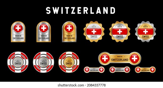 Hergestellt in der Schweiz Label, Stempel, Abzeichen oder Logo. Mit der Nationalflagge der Schweiz. Auf Platin-, Gold- und Silberfarben. Premium- und Luxus-Emblem