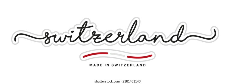 Made in Switzerland, new modern handwritten typography calligraphic logo sticker, abstract Switzerland flag ribbon banner
