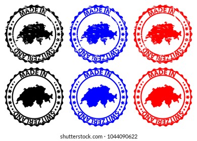 Made in Switzerland - rubber stamp - vector, Switzerland map pattern - black, blue and red