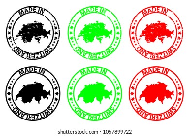 Made in Switzerland - rubber stamp - vector, Switzerland map pattern - black, green and red