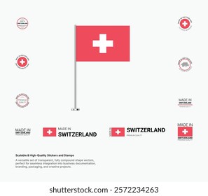 Made in Switzerland Stamps, Flag, Tags, labels, Seals, Icons. Creative Designs for Branding and Packaging