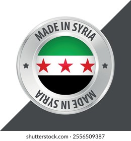 Made in Syria flag sticker label badge logo. Syria new flag 3d vector illustration mockup isolated