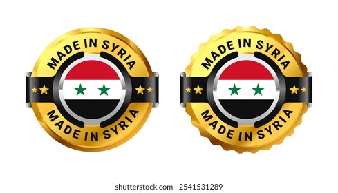 Made in Syria icon a gold circle with a picture of a flag in the middle. For sign, stamp, badge, logo, label, mark, symbol, Banner etc. Modern and minimalist. Vector Illustration