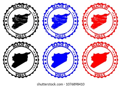 Made in Syria - rubber stamp - vector, Syria map pattern - black, blue and red