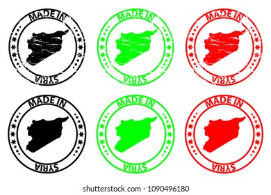 Made in Syria - rubber stamp - vector, Syria map pattern - black, green and red