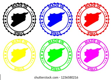 Made in Syria - rubber stamp - vector, Syria map pattern - black, green, yellow, purple, blue and red
