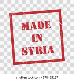 made in Syria text rubber seal stamp watermark. Caption inside rounded rectangular banner with grunge design and dirty texture. Slanted vector ink sticker on transparent background