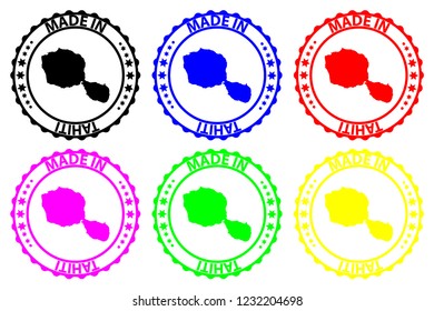 Made in Tahiti - rubber stamp - vector, Tahiti map pattern - black, blue, green, yellow, purple and red