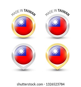 Made in Taiwan - Guarantee label with the Taiwanese flag inside round gold and silver icons.