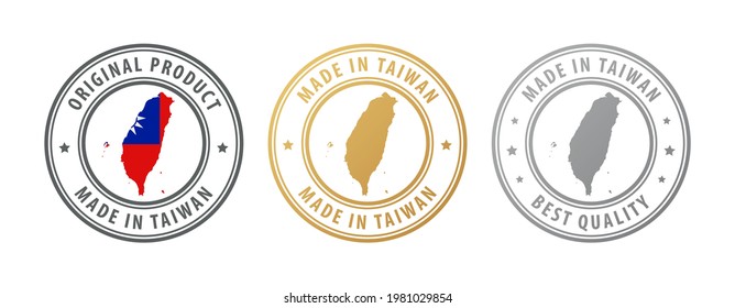 Made in Taiwan - set of stamps with map and flag. Best quality. Original product. Vector illustration