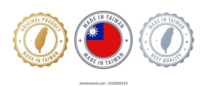 Made in Taiwan - set of stamps with map and flag. Best quality. Original product. Vector illustration