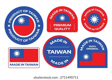 Hecho en etiquetas engomadas del texto de Taiwán, emblemas, insignias, y colección de los logotipos para el producto.