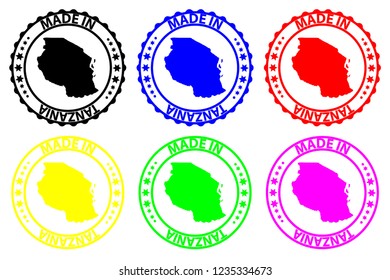 Made in Tanzania - rubber stamp - vector, Tanzania map pattern - black, blue, green, yellow, purple and red