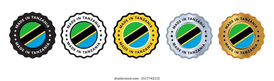 Made in tanzania set of sign stamp badge, with varian color red green, silver, gold, black suitable for products manufactured, military, agriculture or food vector illustration eps editable text