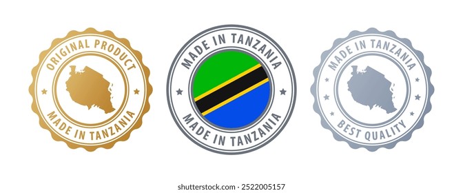 Made in Tanzania - set of stamps with map and flag. Best quality. Original product. Vector illustration