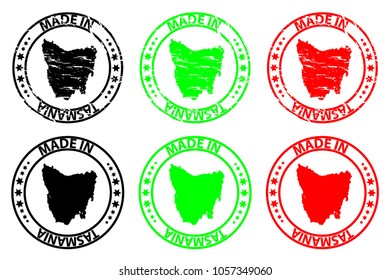 Made in Tasmania - rubber stamp - vector, Tasmania map pattern - black, green and red