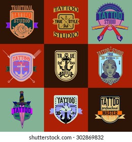 made tattoo logos and badges vector set
