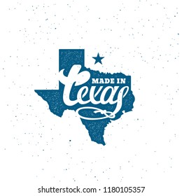 Made in Texas lettering contour over map of state with stamp effect. Vector illustration.