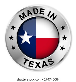 Made in Texas silver badge and icon with central glossy Texan flag symbol and stars. Vector EPS10 illustration isolated on white background.