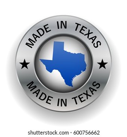 Made in Texas silver badge and icon with central glossy Texan flag symbol and stars. Vector EPS10 illustration isolated on white background.