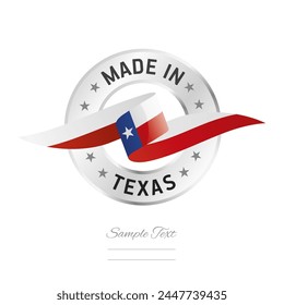 Made in Texas USA. Texas flag ribbon with circle silver ring seal stamp icon. Texas sign label vector isolated on white background