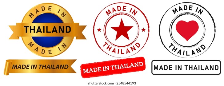 Hecho en Tailandia producto fabricado marca de comercialización venta al por menor importación comercial sello de publicidad insignias de colores cinta emblema etiqueta engomada Anuncio grunge texturizado estrella de amor diseño de símbolos