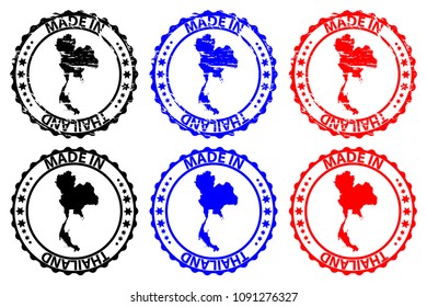 Made in Thailand - rubber stamp - vector, Kingdom of Thailand (Siam) map pattern - black, blue and red