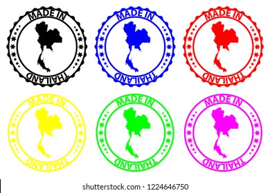 Made in Thailand - rubber stamp - vector, Kingdom of Thailand (Siam) map pattern - black, blue, green, yellow, purple and red