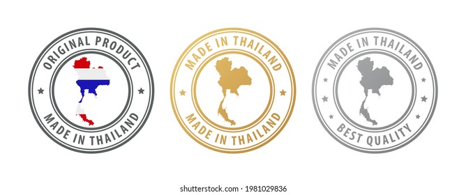 Made in Thailand - set of stamps with map and flag. Best quality. Original product. Vector illustration