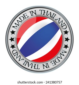 Made in thailand silver badge and icon with central glossy thai flag symbol and stars. Vector EPS 10 illustration isolated on white background.