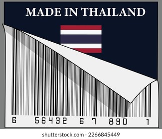 Made in Thailand text and their country flag sign with half scrolled barcode poster design. Isolated on gray background.