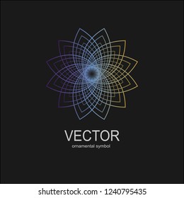 Made of thin lines detailed. Floral symmetrical geometrical symbol. Vector flower mandala icon isolated on  round colored pattern. 