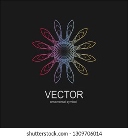 Made of thin lines detailed. Floral symmetrical geometrical symbol. Vector flower mandala icon isolated on round colored pattern. 
