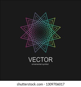Made of thin lines detailed. Floral symmetrical geometrical symbol. Vector flower mandala icon isolated on round colored pattern. 
