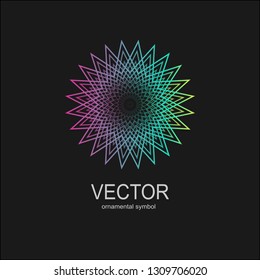 Made of thin lines detailed. Floral symmetrical geometrical symbol. Vector flower mandala icon isolated on round colored pattern. 
