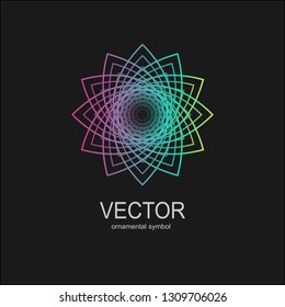 Made of thin lines detailed. Floral symmetrical geometrical symbol. Vector flower mandala icon isolated on round colored pattern. 

