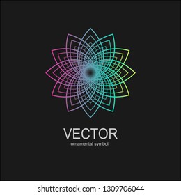 Made of thin lines detailed. Floral symmetrical geometrical symbol. Vector flower mandala icon isolated on round colored pattern. 
