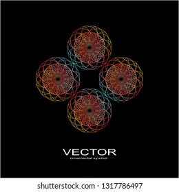 Made of thin lines detailed. Floral symmetrical geometrical symbol. Vector flower mandala icon isolated on round colored pattern.