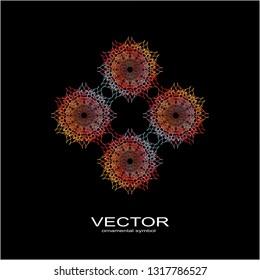 Made of thin lines detailed. Floral symmetrical geometrical symbol. Vector flower mandala icon isolated on round colored pattern.